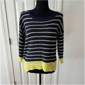 Signature Studio Striped Sweater Navy White Yellow Crew Neck Long Sleeve Size L